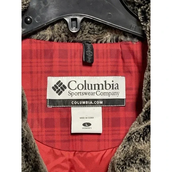 Columbia Vest Women L Red Plaid Down Puffer Faux Fur Full Zip Insulated Quilted - Picture 7 of 10